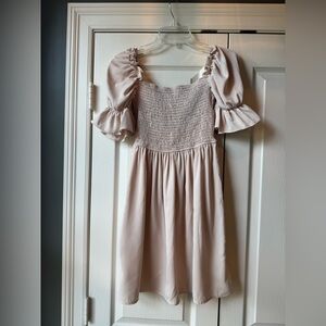 Square Neck Flounce Off the Shoulder Short Sleeve Smocked Bodice Ruffle Dress